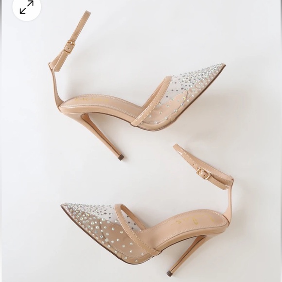 Light Nude Rhinestone Pointed-Toe Ankle Strap Pumps - Picture 4 of 6